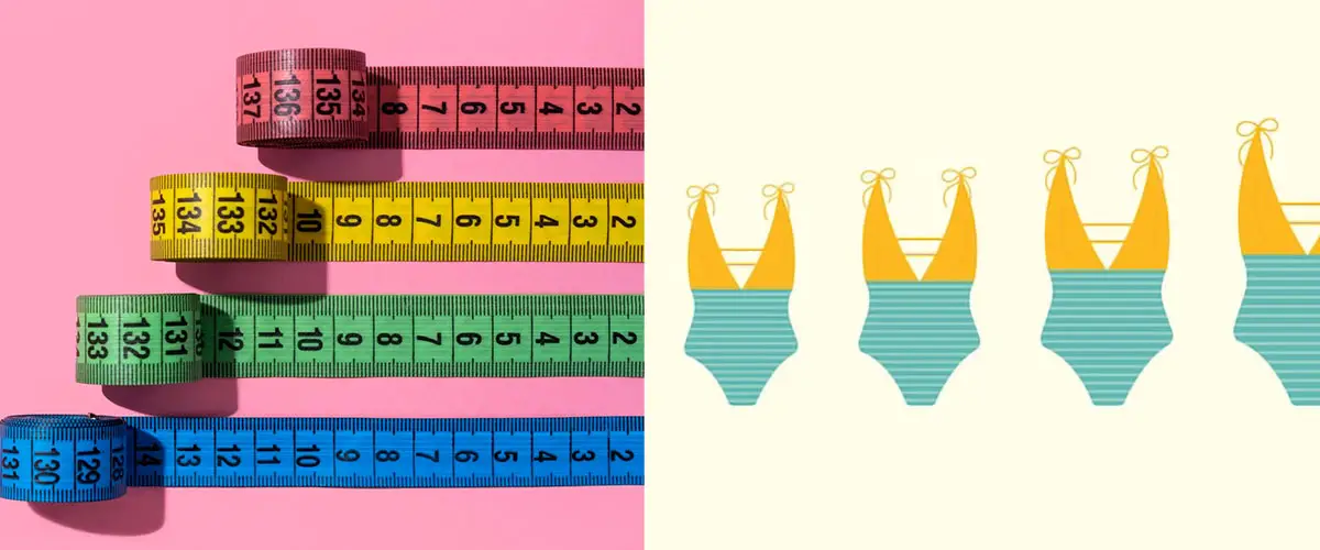 women's swimsuits in different sizes & measuring tapes